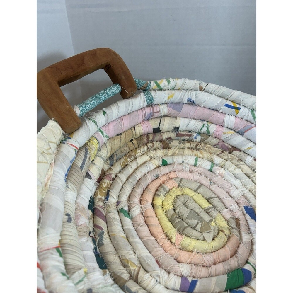 Vintage Handmade Rag Fabric Blue Basket With Handle Farmhouse Decor Cottage - Picture 11 of 16